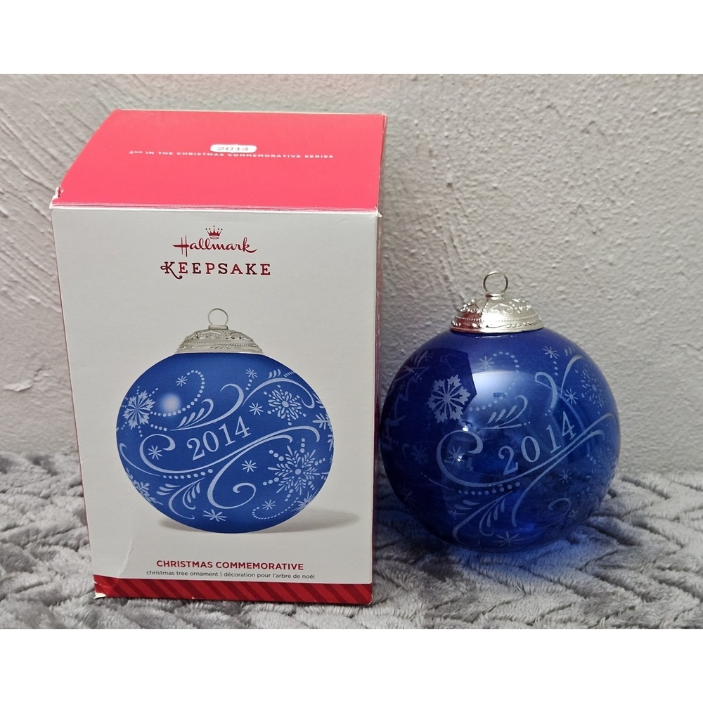 Hallmark 2014 Christmas Commemorative Blue Glass Bulb Ornament Keepsake